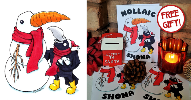 Cartoon of a little rook building a snowman in the shape of a crow, and a photograph of the same image as Christmas cards against a red brick background - there's one free with every order.