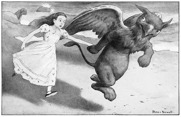 The Gryphon takes Alice by the hand and runs off with her along a beach.