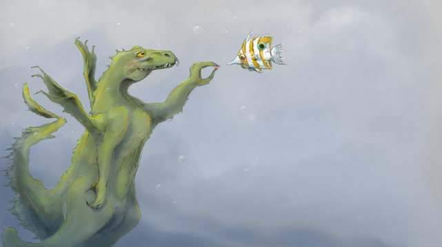 Die Zeichnung zeigt folgendes: Ein großer grüner Drache (links im Bild), füttert einen weiß-gelb gestreiften tropischen Fisch (mittig im Bild).