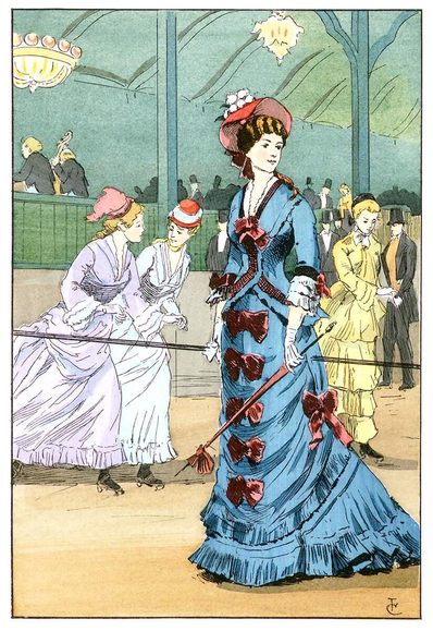 A woman in an 1876 blue dress stands with a parasol in one hand, while behind her, people on roller skates practice on the rink.