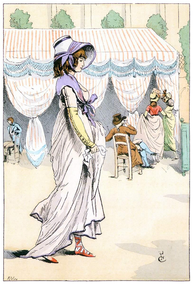 A young woman walks in the Tuileries Garden wearing a dress in the Parisian fashion of 1798.