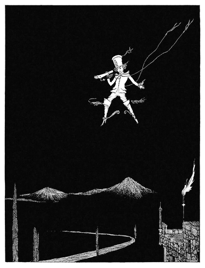 A boy wearing a shako-style hat and knee-high boots descends from the night sky, holding a scroll of paper in his hand, while the top of a tower, a road, and mountains emerge from the darkness.