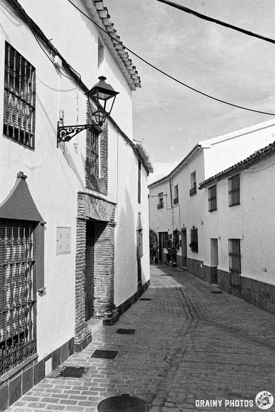 A narrow cobblestone alleyway lined with whitewashed buildings, featuring traditional architecture and a vintage street lamp. The scene is captured in black and white, highlighting the textures and patterns of the historic surroundings.