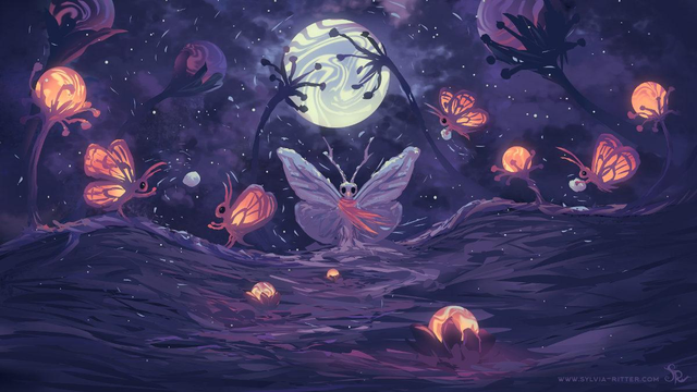 It's the first snow. The butterflies are outside and building a butterfly-snowman (wearing a carrot nose and cozy scarf). The full moon shines on them. Alien looking flowers are giving them warm light. This way spending time outside it more enjoyable! https://www.deviantart.com/sylviaritter/art/Speedpainting-01122021-899521546