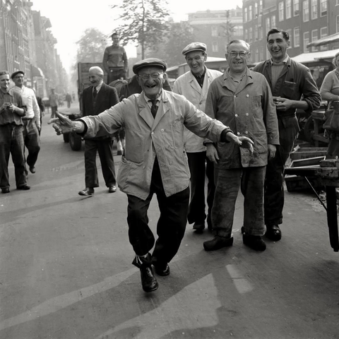 le poissonnier Oncle Ko van de Lindengracht fête ses 77 ans par une petite danse d’anniversaire dans une rue d’Amsterdam