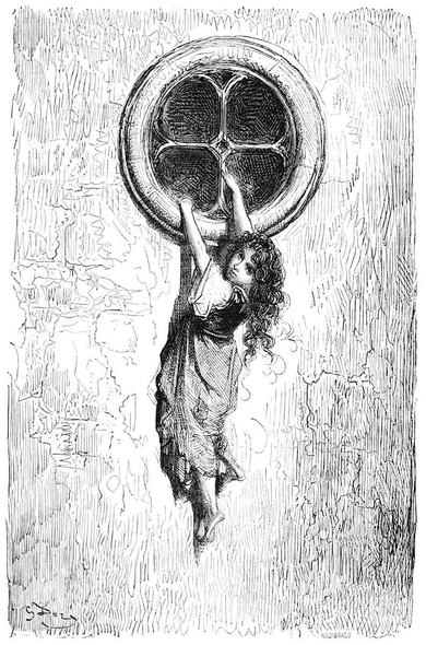 A young girl lets herself hang from the crosspiece and ledge of a round window, her face turned toward the viewer.