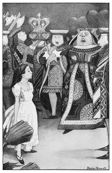 Alice stands before the King and Queen of Hearts and the rest of the court as the Queen points angrily at her.