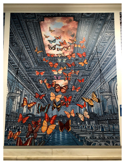 A giant reproduction of an illustrated image by Peter Kuper, mounted on a marble wall and photographed from below. The image shows a column of oversized butterflies of various kinds, rising to the skylight of painted clouds above the Main Reading Room of the New York Public Library.