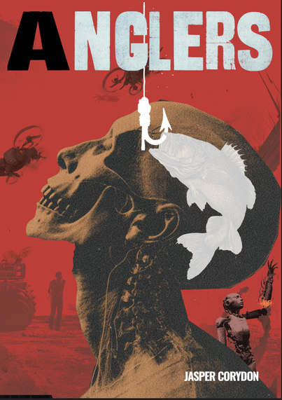 The title is displayed at the top, reading "ANGLERS" in large white letters (except the "A" which is black).  

A white fishing line drops down over a deep red background, leading to a hook.  It's caught a white fish, which has curled slightly, as if it's performing a tail slap. 

The fish overlays the brain cavity of a skeletal person, who is tilting their head back, with their eyes closed, as if exasperated.

In the background, is a white humanoid robot, with their left forearm shooting off from the elbow like a rocket.

Three drones fly overhead.  Two are quadcopters, while the other appears to be a flying right forearm.

Further in the background, there is a faded silhouette of a boxy old truck with large tires, and a person standing next to it.