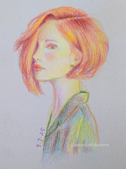 Colored pencil drawing of a redheaded woman looking at the viewer and facing to the left. She has a vibrant red bob and is wearing a dark green collared shirt. The date 9/7/25 is written on the left of the drawing.