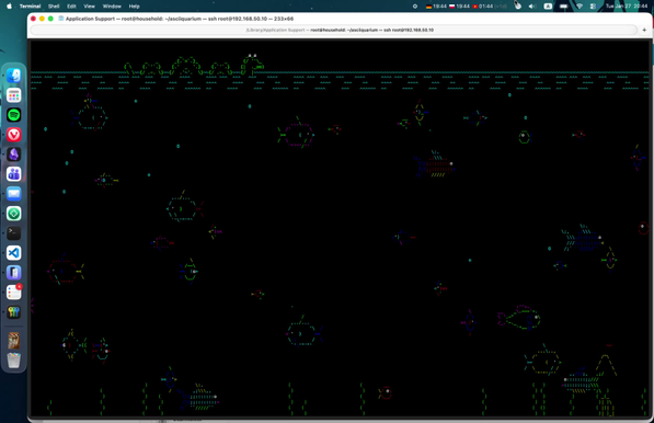 A screen recording of a MacOS terminal window with animated ascii-art fishtenk in it.