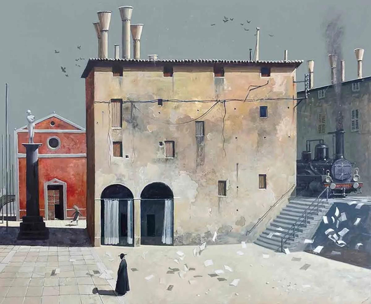 dans une atmosphère à la Giorgio de Chirico, côté cour, le panache d’une locomotive à vapeur s’élève tout droit, au centre de la scène, un ecclésiastique en soutane sur une esplanade en plein soleil parmi des écrits qui s’envolent, côté jardin, une jeune silhouette s’enfuit