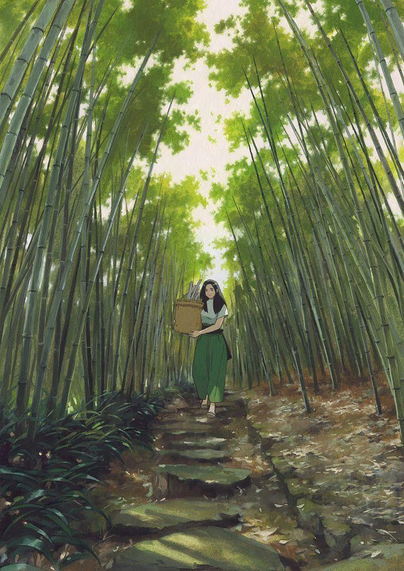 a traditional painting of a girl walking through a bamboo forest, green and brown hues
