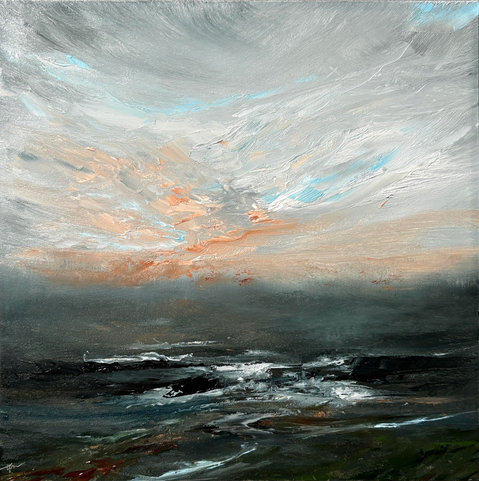 Original oil painting by Tisha Mark, "Quietly Darker" 8"x8" oil on Ampersand Gessobord (2025). Painting of a loosely painted abstract-leaning atmospheric seascape with earth tones on a dark shore. The sky has orange and gray tones with hints of blue.