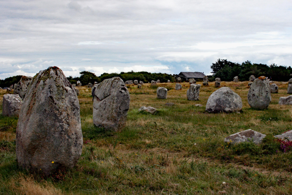 Auf einer Wiese stehen viele Felsbrocken und Steine in Reihen und Kreisen. Das Gras ist grün-gelb, der Himmel darüber blau-grau, dichte Wolken. Am Horizont Bäume.

There are many boulders and stones arranged in rows and circles on a meadow. The grass is green-yellow, the sky above is blue-grey with thick clouds. Trees on the horizon.