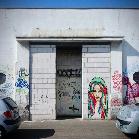 das quadratische bild zeigt eine hohe, weiß verputzte mauer mit einer tür und vielen tags und graffiti.

da, wo die tür ist, war ehemals eine toreinfahrt, die mit weißen steinen zugemauert ist. links und rechts lugen zwei gräuliche pkw ins bild. es ist sonnig. am oberen bildrand ist ein schmaler streifen blauen himmels zu sehen.

über der schweren metalltür steht in versalien "doof!". weitere tags und schriftzüge sind überall auf der mauer und der tür. rechts von der tür befindet sich ein großes, farbenfrohes graffiti-porträt einer frau mit einer grünen kapuze. ihre haare bestehen aus mehreren farbigen strähnen. auf der mintgrünen kopfbedeckung steht mit schwarzer schrift "together we are more than you", darunter die künstlersignatur "el bocho".