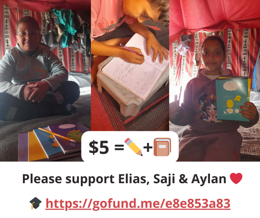 Three children in a tent are shown in separate photos, with notebooks and pencils. The central image shows a child writing in a notebook, while another holds a book in the right image. A call for donations is displayed at the bottom, urging support for "Elias, Saji & Aylan" via a GoFundMe link.