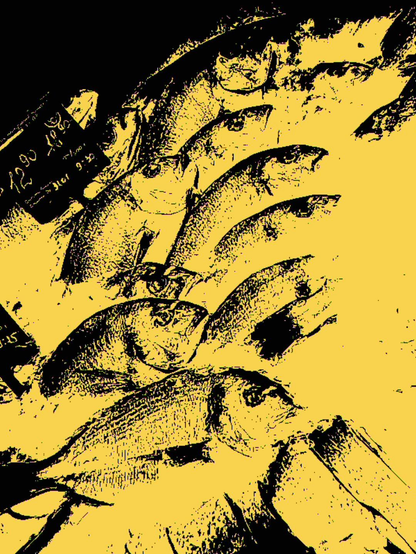 A close, almost claustrophobic view of freshly chilled fish laid out on a market counter, scattered with crushed ice. The yellow pixelated filter flattens texture and depth, turning scales, eyes, and melting ice into harsh black shapes and granular noise. What should feel fresh and tactile becomes unsettling, almost abstract — more like a damaged print or a corrupted digital file than a documentary image of food.