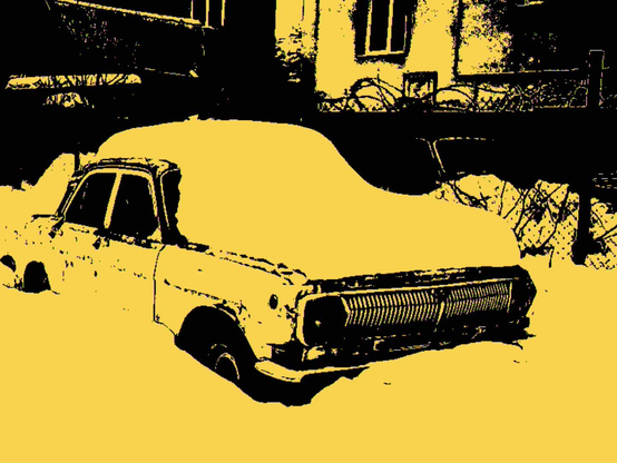 An old car nearly buried under a heavy layer of snow, its shape barely recognizable. The yellow-and-black palette transforms the winter scene into something surreal and hostile, stripping away any sense of natural color or warmth. The vehicle feels abandoned, frozen in time — a relic slowly disappearing into silence and weather.