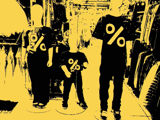 A shop window with mannequins dressed in T-shirts marked by oversized percentage symbols. Human forms are reduced to flat silhouettes, their individuality erased by the aggressive contrast and the dominant yellow tone. The scene feels compressed and loud, as if advertising, bodies, and symbols collapse into a single visual shout. The image reads as a blunt, ironic statement about consumption and visual overload.