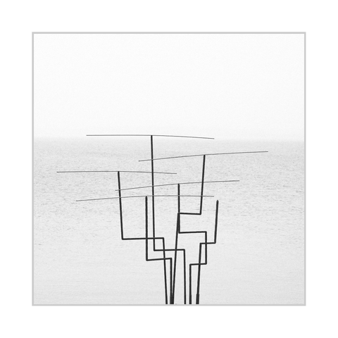 Square black-and-white photograph. In the lower center, a metal art installation made of thin dark rods rises upward. Several vertical stems branch into right-angled shapes and long horizontal bars, resembling a cluster of antennae or abstract line drawings. The background is a bright, nearly white sky above a softly textured body of water, with a faint horizon line running behind the sculpture.
