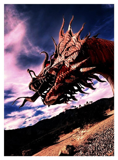 An immense sculpted dragon lifts its head in profile over a barren landscape tilted askew. Its eye glows a baleful red. Its forked tongue lashes out from between heavy jaws lined with long crescent fangs. The scales on its head fan into an armored plate that radiates outward and backward to wavy points. Black hills rise in the distance under a dark, brooding sky strewn with pale clouds edged in sickly red.

This may or may not be an accurate representation of how I’m feeling about the current hellscape in my country.