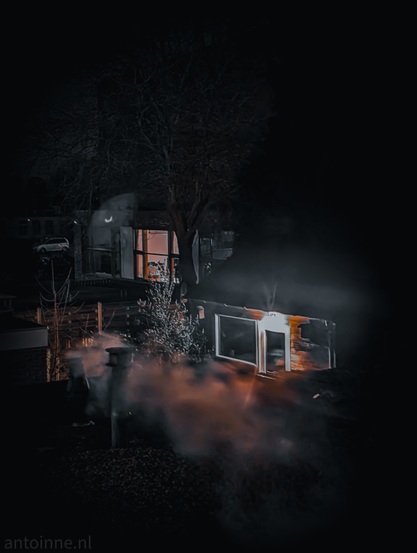 An atmospheric night scene that feels like a blend of reality and a cinematic dreamscape. The composition is centered on a dark flat roof, partially obscured by a thick, swirling smoke.

A brightly glowing doorway and window is situated on the right. The light is warm and intense, spilling out into the surrounding fog.

A tall, leafless tree looms over the center of the frame, its spindly branches silhouetted against the dark sky. 