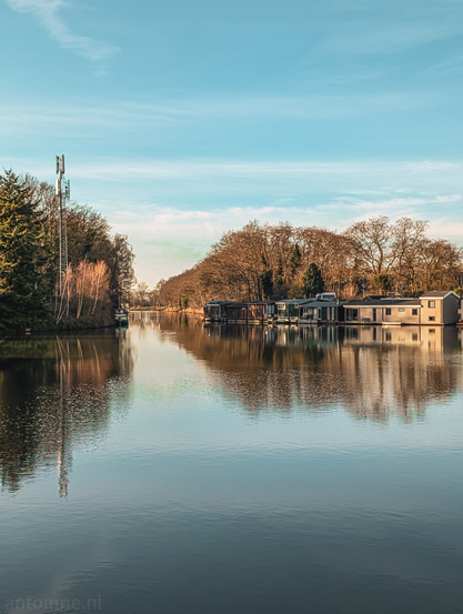 A serene view of a canal lined with houseboats. The sky is a pale, crisp blue with very light, wispy clouds.

The central focus is a calm canal that acts as a perfect mirror. The water is smooth, reflecting the clear blue sky and the surrounding trees with high clarity.

Along the right bank, a row of modern houseboats is moored. They feature flat roofs and large windows, appearing sleek and well-integrated into the landscape.