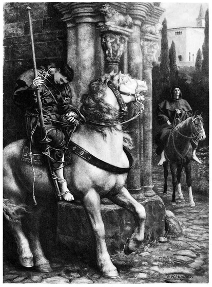 A white horse standing in front of an ornate clustered column carries the slumped body of a rider, propped up by a lance which has been tied to his right hand and leg.