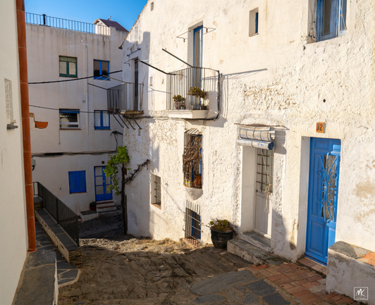 Color photo of white stone and stucco houses with blue painted doors and window frames on a rough, descending cobblestone street made of steps.  