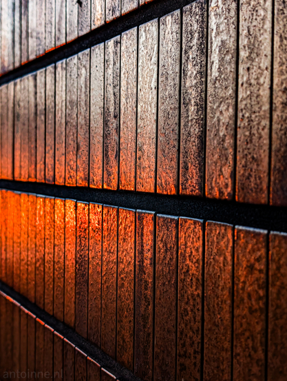 A high-contrast architectural study of texture and light. It features a close-up view of a pillar at Hilversum City Hall, designed by architect Willem Marinus Dudok. The gold colored stones are bathed in a warm, golden-orange glow.
