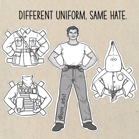 An illustration of a paper-doll man standing akimbo and smiling, with three clothing cut-outs: a Nazi uniform, a Ku Klux Klan hooded robe, and an ICE vest.