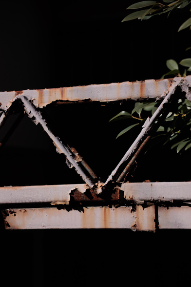 Close-up of a rusty metal structure with peeling paint, partially obscured by greenery, set against a dark background.