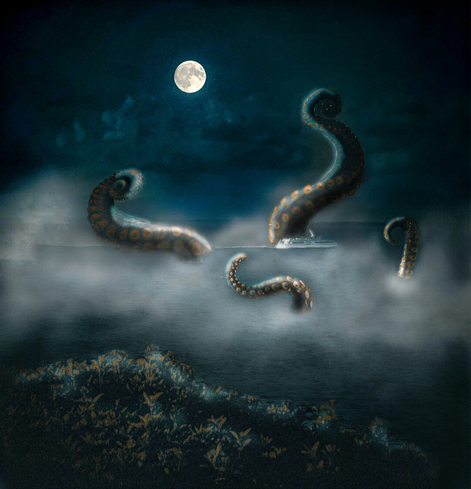 A full moon hangs in the upper left quadrant of the dark blue sky, partially obscured by clouds. Below, the sea is shrouded in a thick layer of fog. From the foggy waters, four colossal octopus tentacles rise, their surfaces marked with rows of circular, amberish-coloured suckers. The tentacles are a muted blue-green hue and curl inward. Near the centre, a small white boat is dwarfed by the tentacles. In the foreground, a dark, rough bush is visible at the bottom of the image. (I do not remember what kind of bush it is)