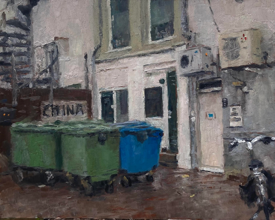Oilpainting made alla prima at Location. Said location is the back of an urban house. There’s windows, doors, walls and dumpsters among other things. Also, there is a sign saying China. 

24x30 cm oil on panel. Painted in roughly 4 hours.