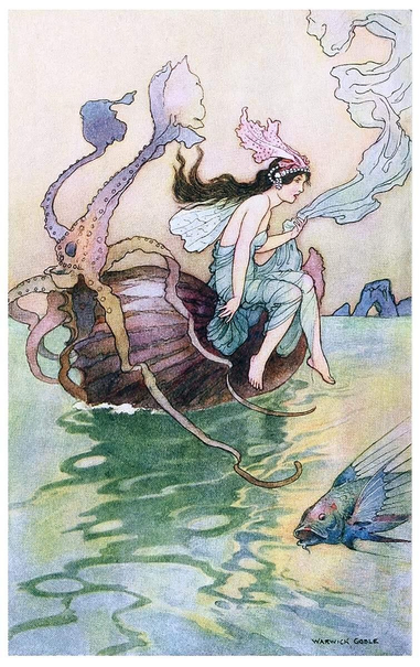 A fairy sits on the edge of a boat made from a nautilus shell, floating on the open sea and accompanied by a squid‑like creature and a darting flying fish.