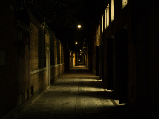 Light spills from open doors, stripes across a long, night-dark alley.