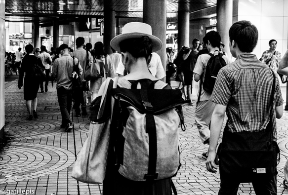 Dona amb barret de palla vista del darrere