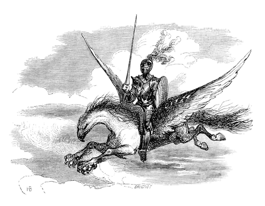 A knight in full armor, armed with a lance and shield, rides a hippogriff, soaring among clouds.