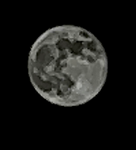 The supermoon of October 17, 2024. This was my first serious attempt to take a photo of the moon with its crater details. It had never really occurred to me before that I could do such a thing without sophisticated or expensive gear, but my cousin, who was with me at the time, suggested downloading the Black Magic Cam app onto my iPhone and trying it that way — capturing the moon on video and extracting a still image from that. I really had no idea what I was doing, and this is the extremely mediocre pixelated result. Still, it awakened my interest in moon photography and I’ve been chasing images of Luna ever since.