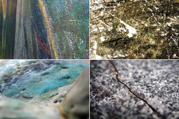 Collage aus vier Bildern, die unterschiedliche Texturen in Nahaufnahmen zeigen: Farben eines Wandbildes, Stamm einer Birke, Wasserlauf eines Brunnens und ein Riss in einem Stein. Die Farben sind allesamt gedämpt, leicht blau-grau-grün.

Collage of four images showing different textures in close-up: colours of a mural, trunk of a birch tree, water flow of a fountain and a crack in a stone. The colours are all muted, slightly blue-grey-green.