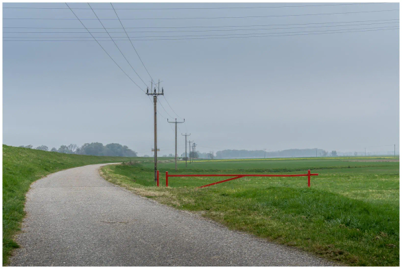 Ein Weg, der sich vom Vordergrund linkskurvig nach hinten verliert, gesäumt mit Strommasten. Links, rechts Wiesenland. Rechts auf der Wiese eine Art Gatter im feinsten Rotton. Leichter Novemberdunst über allem.