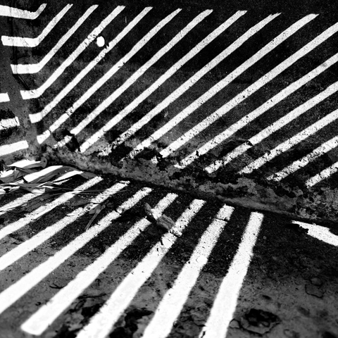 Black and white photograph of parallel lines of light and shadow cast across a concrete surface, divided by a weathered curb. Dried leaves gather in the corner, creating an abstract geometric composition.