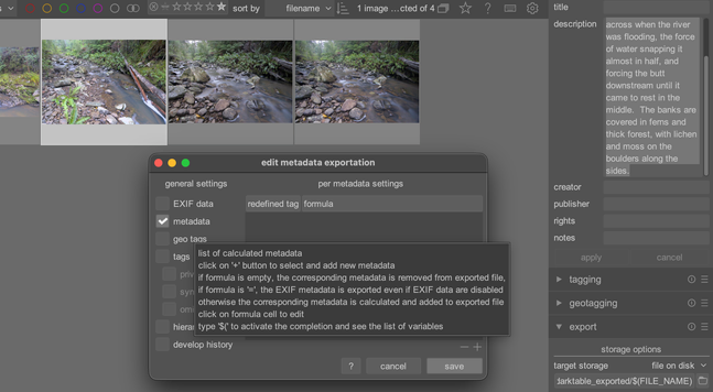 Screenshot of DarkTable interface in the light table view, with the export preferences dialog showing, and a tooltip popup overlaid on top.  The description text for the current image is shown in the metadata field at top right, which will not be saved in exported files /unless/ the tickbox is enabled in the preferences.