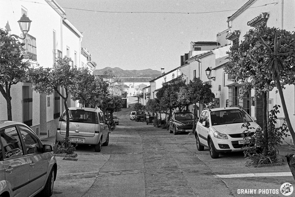 A quiet street in Cartajima lined with white buildings and parked cars, featuring ornamental trees on both sides. Mountains in the background indicate a scenic setting, captured in black and white.