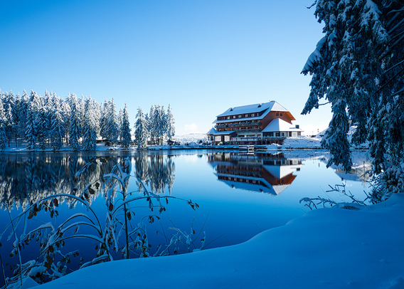 Blick über den winterlichen Mummelsee hin zum dort ansässigen Hotel, das sich auf der ruhigen Wasseroberfläche spiegelt. Überall liegt unberührter Schnee und der Himmel ist in einem perfekten Blau eingefärbt.
