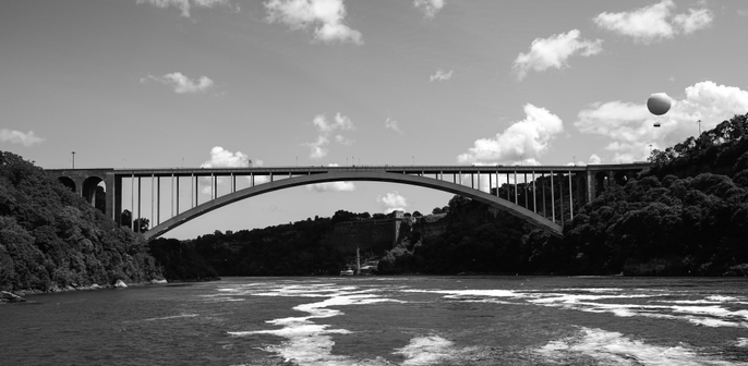 Black and white panoramic photo at Niagara. 
