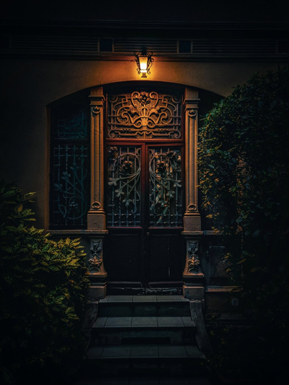 The photo is of a doorway set against a dimly lit facade. The focal point is the dark, ornate door itself. It is adorned with a decorative metal grill in a floral and vine design. The door has two intricately carved stone pillars on either side. Above the door there is a vintage-style lamp mounted which casts a warm glow.  Steps lead up to the doorway which are partially obscured by bushes.