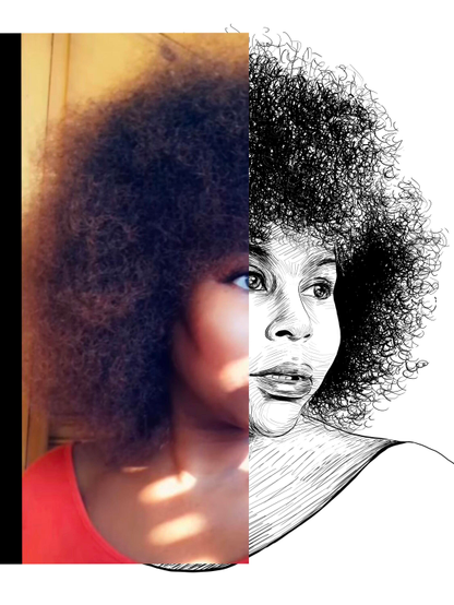 Black and white drawing of Breonna McCree, with the left half of the image being the reference.