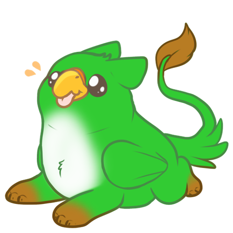 a transparent digital drawing of a small green gryphon with its tongue sticking out